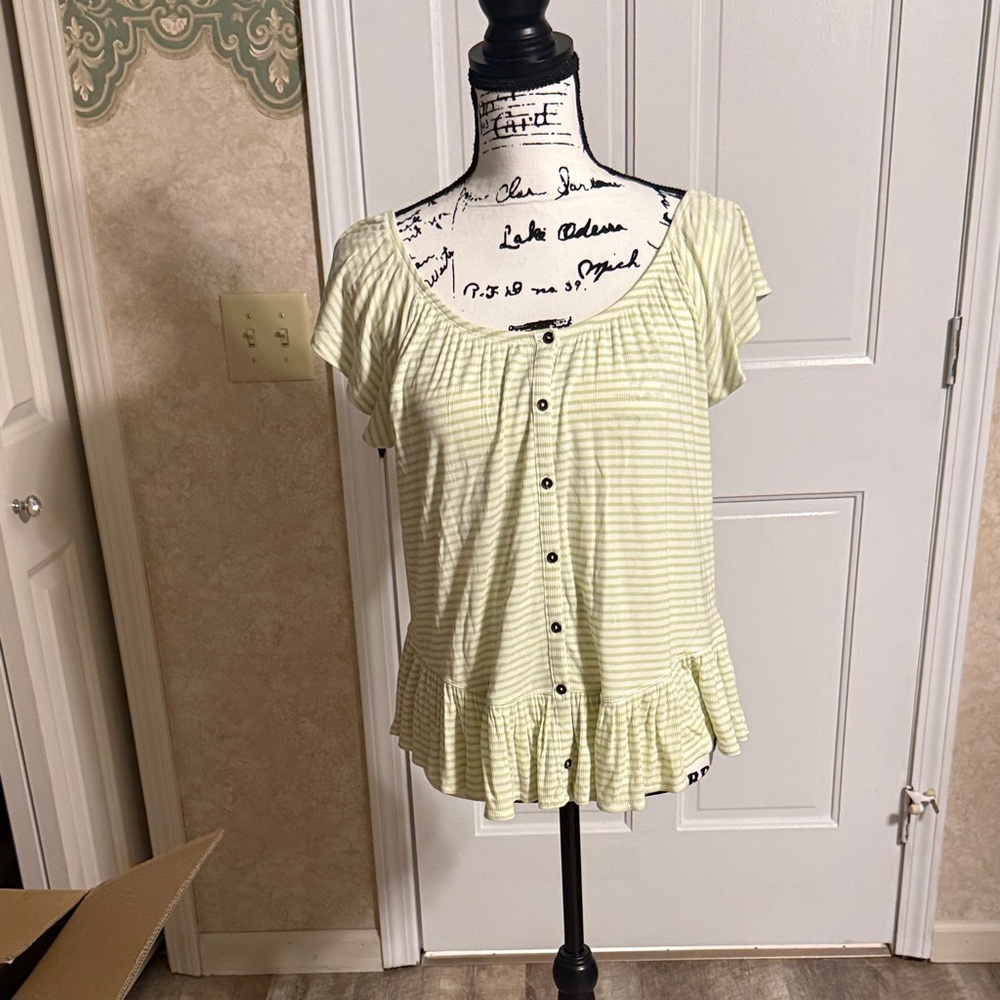 Maurices Light Green Striped Button-Down Blouse